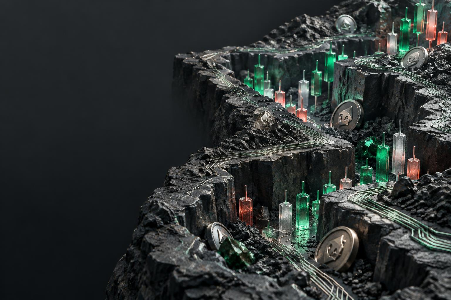 Sculpted crypto trenches with emerald and coral trading candlesticks